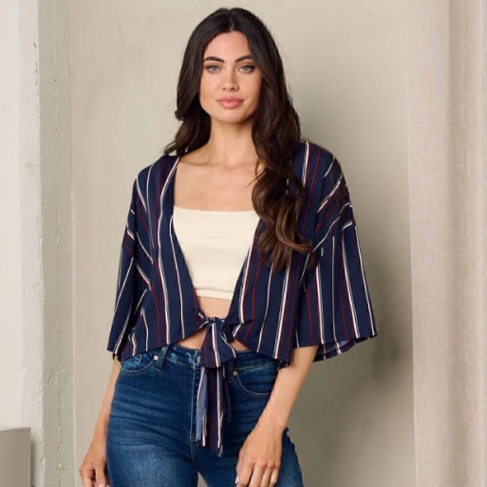Boho Navy Blue Striped Tie Front Cropped Short Sleeve Blouse Top Trendy